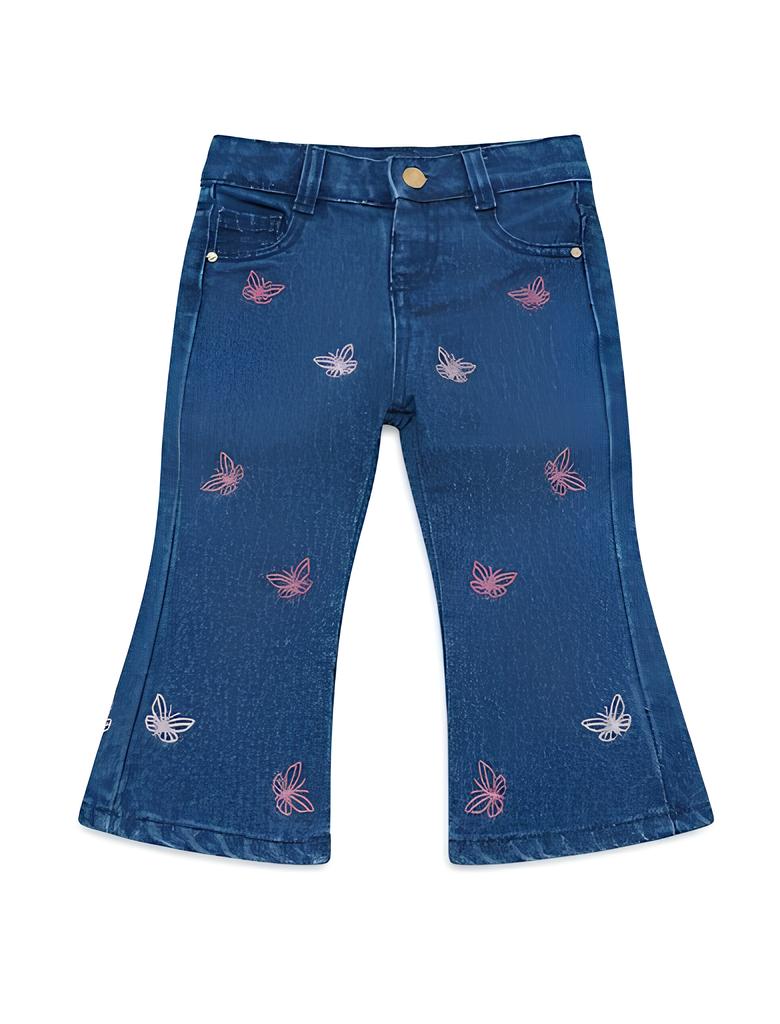 GUESS JEANS A ZAMPA CON BRILLANTINI E RICAMO FARFALLE, NEONATA/BIMBA. COTONE.