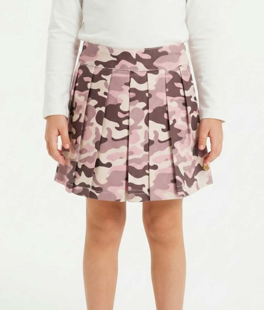 SARABANDA GONNA FANTASIA CAMOUFLAGE CON PIEGHE, BAMBINA. COTONE.