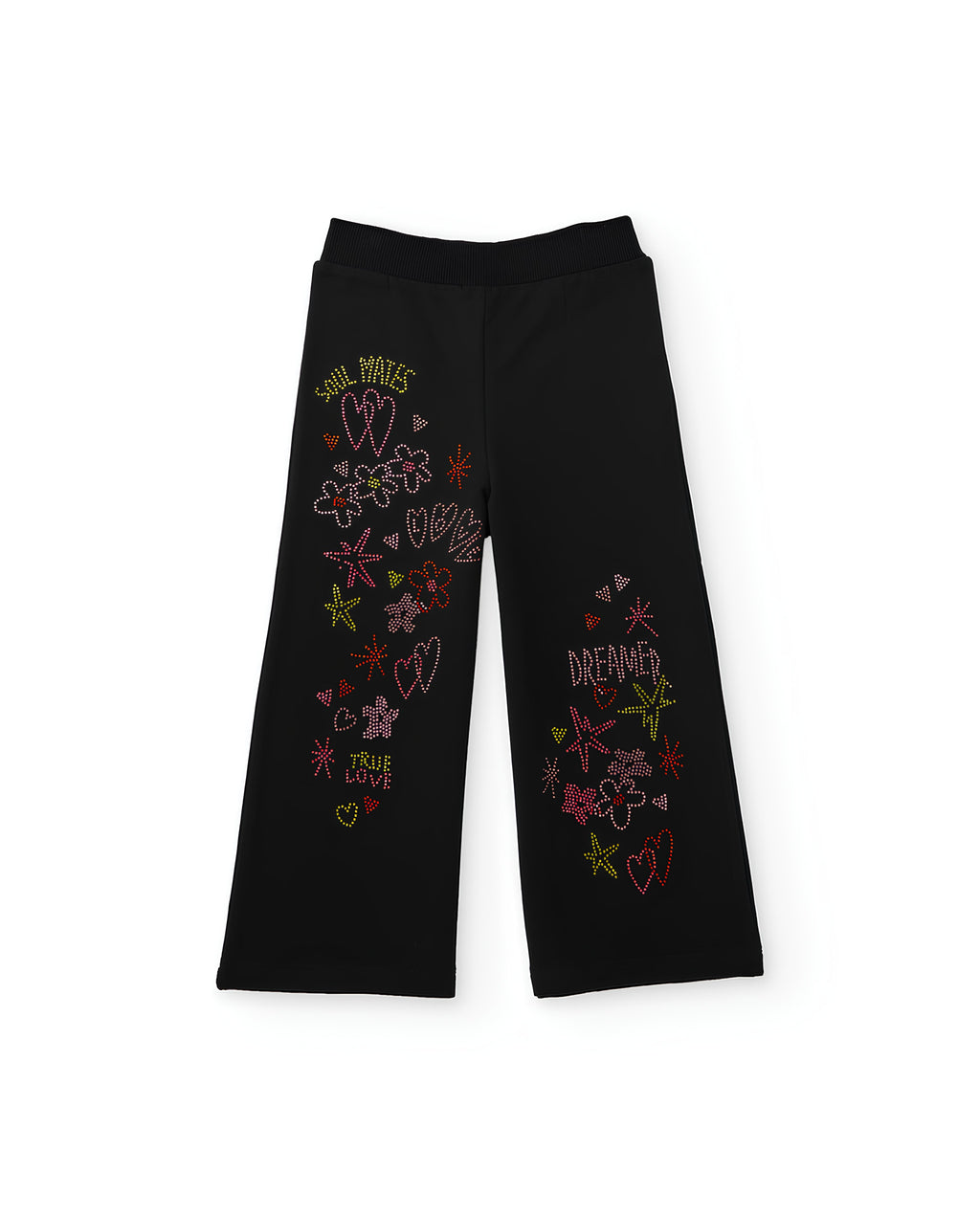 TUC TUC PANTALONE PALAZZO BIMBA/RAGAZZA CON STRASS MULTICOLOR. COTONE FELPATO.