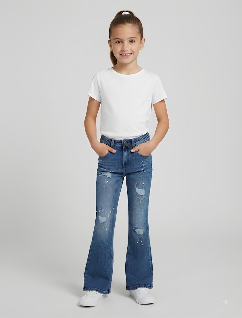 GUESS JEANS A ZAMPA CON STRAPPI E STRASS, RAGAZZA. COTONE.