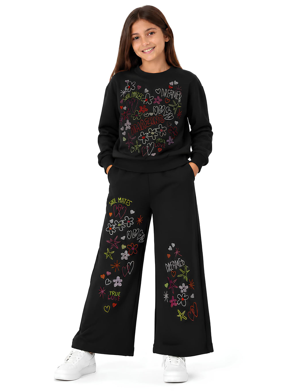 TUC TUC PANTALONE PALAZZO BIMBA/RAGAZZA CON STRASS MULTICOLOR. COTONE FELPATO.