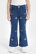 GUESS JEANS A ZAMPA CON BRILLANTINI E RICAMO FARFALLE, NEONATA/BIMBA. COTONE.