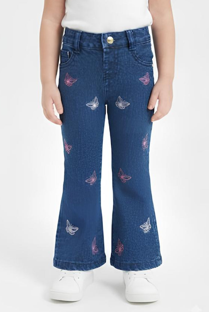 GUESS JEANS A ZAMPA CON BRILLANTINI E RICAMO FARFALLE, NEONATA/BIMBA. COTONE.