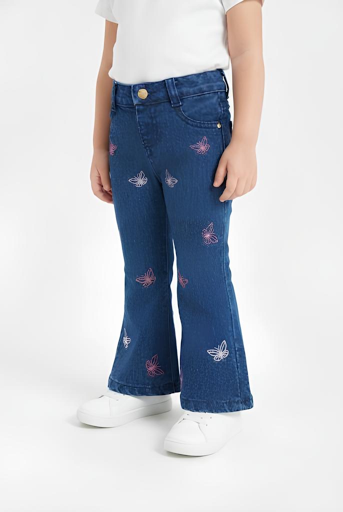 GUESS JEANS A ZAMPA CON BRILLANTINI E RICAMO FARFALLE, NEONATA/BIMBA. COTONE.