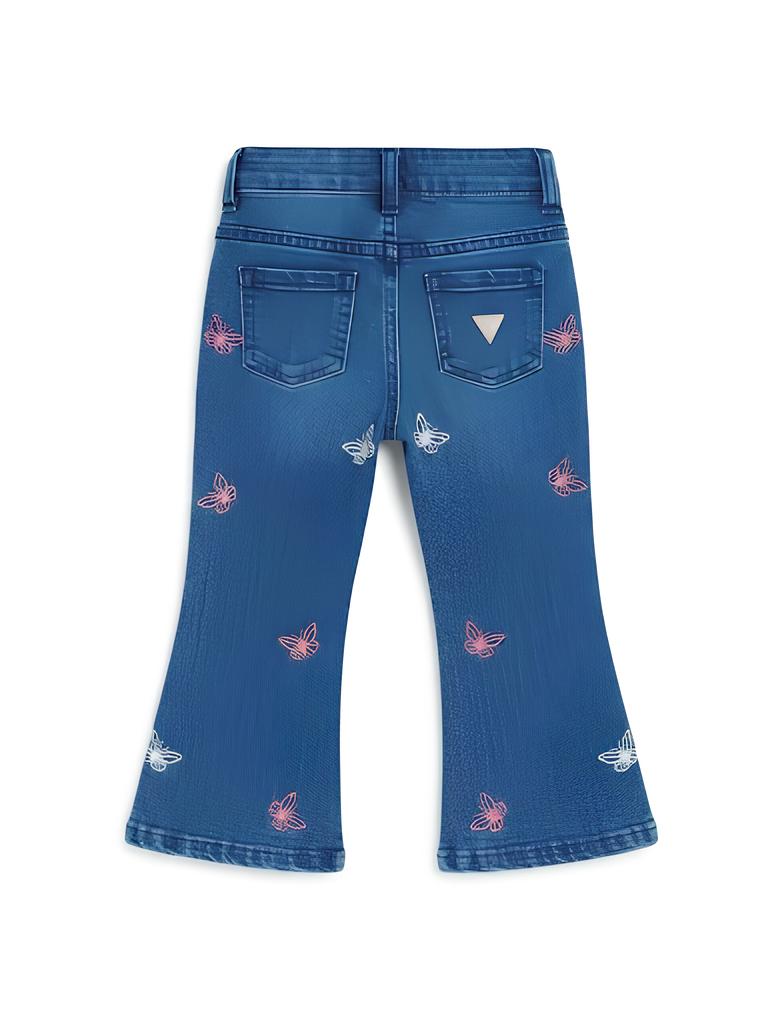 GUESS JEANS A ZAMPA CON BRILLANTINI E RICAMO FARFALLE, NEONATA/BIMBA. COTONE.